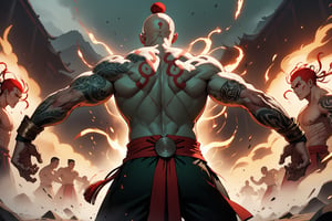 masterpiece, beautiful and aesthetic, ultra detail, intricate, 1male, solo, Berserker, Chinese mythology story, broad cheeks, (face burn scar), fierce expression, Buck-toothed, (thick eyebrows, red eyebrows), big eyes, aquiline nose, (bald, a red bun), (light green skin), (arm tattoo, tribal tattoo), giant, developed muscles, thick legs, barefoot, (red tank top), bracer, black pants, anklet, (from behind), dynamic pose, powerful pose, the battle stance, Chinese martial arts animation style, sparks, battlefield scene