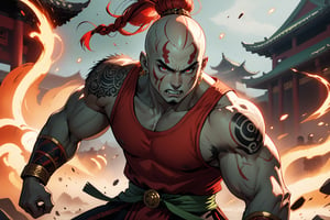 masterpiece, beautiful and aesthetic, ultra detail, intricate, 1male, solo, Berserker, Chinese mythology story, broad cheeks, (face burn scar), fierce expression, Buck-toothed, (thick eyebrows, red eyebrows), big eyes, aquiline nose, (bald, a red bun), (light green skin), (arm tattoo, tribal tattoo), giant, developed muscles, thick legs, barefoot, (red tank top), bracer, black pants, anklet, straight on, dynamic pose, powerful pose, the battle stance, Chinese martial arts animation style, sparks, battlefield scene