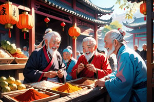 In a vibrant market square of ancient China, bathed in warm afternoon sunlight, three elderly men gather in huddled conversation, their faces flushed with laughter and camaraderie. The intricate architecture of ornate pagodas and intricately carved wooden stalls surrounds them, while the scent of exotic spices and fresh produce wafts through the air. The old men's wispy beards rustle gently as they lean in, their eyes twinkling with delight, as they engage in a lively discussion, their red-faced expressions a testament to the warmth and joy of their friendship.