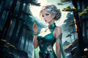 masterpiece, beautiful and aesthetic, ultra detail, intricate, 1female, a celestial ethereal ghostly Fairy, 50 years old, solo, detailed character design, grace, gentle nature, feminine soft face, light green eyes, (long hair, Braided updo, silver hair), hair ornament, tall, slender body frame, collarbone, bead_bracelet, (cheongsam, long, green), (holding a bead_necklace), front view, dynamic pose, (a single hand in prayer pose), standing atop hill, Chinese martial arts animation style, pine woods in the background, Inspired by Chinese mythology story
