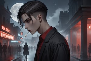 horror-themed {prompt} . eerie, unsettling, dark, spooky, suspenseful, grim, highly detailed, masterpiece, beautiful and aesthetic, ultra detail, intricate, 1male, solo, 23 years old, detailed character design, delicate face,  gray eyes, (dark hair, Classic Undercut), red shirt, black dress pants, (side view), dynamic pose, smoking, outdoors, standing on the corner, night club, night moon