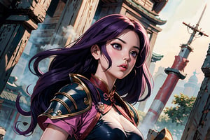 In Chinese mythology, solo, 1girl, big eyes, pink lips, pretty, long curly hair, purple hair, tall and thin, wearing Heaven Guard's armor, front view, ancient China style, boichi manga style