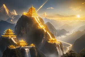 In Chinese mythology, the gods display the golden mountain magic weapon, which is shining with golden light.