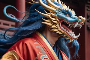 masterpiece, beautiful and aesthetic, ultra detail, intricate, [1man:Chinese dragon head:1], 55 years old, detailed character design, domineering, (messy blue hair, red mane), (fatty:1.5), golden dragon robe, upper body, dynamic pose, Inspired by Chinese mythology story, dragon palace