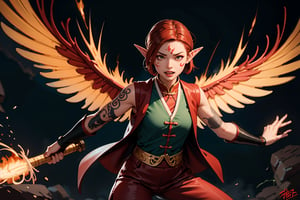 Chinese mythology, solo, 1female, monster_girl, short hair, dark red hair, (facial marks), fierce face, evil face, fangs, sexy lips, (pointed ears), light green skin, strong body, (phoenix tattoo), (a single wing behind:1.2), holding a mace, dark red vest, long pants, smoky background, Chinese martial arts animation style