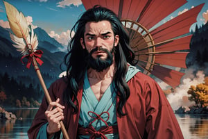 Chinese mythology story, solo, 1man, forty years old, long black hair, two beards, aqua Taoist robe, holding a feather fan, thin and tall, (a look of shame, blush), boichi manga style