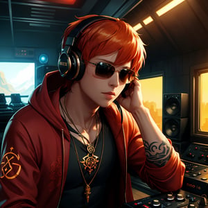 exquisite details and texture, detailed face, anatomy correct, best quality, ultra detailed, photorealistic, ((cinematic scenic view of 1 boy)), short hair, orange hair, sunglasses, wore a pair of headphones, red colored robe, cool, flame tattoos, flame pentagram necklace. He was a radio DJ, playing music in a tiny radio studio, straight view, upper body, punk style