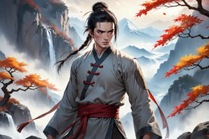 masterpiece, beautiful and aesthetic, ultra detail, intricate, (solo, 1male:1.5), 25 years old, detailed character design, Chinese mythology story, a heavenly guardian, manly, bushy eyebrows, wide eyes, wide jaw, (black hair, a single hair bun), tall and lean, (Han Chinese clothing, brown). A masterpiece of brutal realism: He stands precariously, his entire body a testament to the vicious assault that has left him covered in dozens of stab wounds, clothes torn asunder by razor-sharp knives, and face marred by jagged cuts. His expression contorts in agony, eyes sunken with pain, as he teeters on the brink of collapse. Mountain, mists, autumn leaves fluttering around