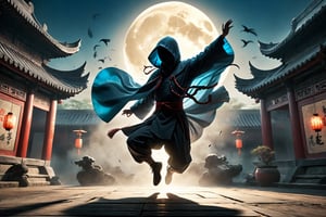 DonM5h4d0w5XL, masterpiece, extreme quality, ultra detailed, intricate, UHD, HDR, Chinese martial arts animation style, dramatic with an air of mystery and intrigue, a dark hooded cloak shadow, silhouette, dynamic pose, vibrant, action-packed, (jump up, fly in the air:1.5), outdoors, ancient China backyard, mysterious colorful background, (moon light:1.2)