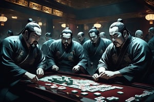 Dark Moody Atmosphere, {prompt}, dramatic, mysterious, dark moody atmosphere, masterpiece, beautiful and aesthetic, ultra detail, intricate, describes a group of burly men who broke into a mahjong casino with evil deeds and gamblers who were playing mahjong. They ran away one after another, very scared, in ancient China