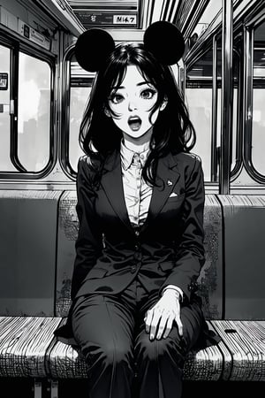 Boichi manga style, monochrome, greyscale, solo, a young lady, blone hair, trouser suit, Mickey Mouse ears, she was sitting in the train compartment, surprised eyes, open mouth, a finger point to the ground, ((masterpiece))