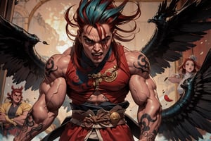 In Chinese mythology, solo, 1male, monster, dishevelled hair, dark red hair, cyan face, fangs, fat lips, wide mouth, strong, muscular, short, (wing), evil, tattooed all over, long shot, wide shot, (full shot:1.2), (lift up token :1.2), ancient China style, boichi manga style