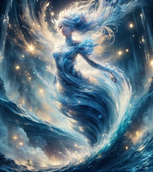 (masterpiece, top quality, best quality, official art, beautiful and aesthetic:1.2), solo, 1girl, melancholy eyes, long silver hair, hanfu, long robe, with bun accessories, full body shot, extreme detailed, (abstract, fractal art:1.3), hyper detailed masterpiece, dynamic, awesome quality, minute aqueous floating DonM3l3m3nt4l, stark beauty, wizardly, well-functioning, charming, halcyon, highest detailed, water, wave, ice, lightning, light_particles, ghost, 