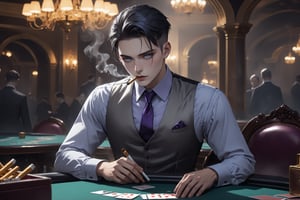 horror-themed {prompt} . eerie, unsettling, dark, spooky, suspenseful, grim, highly detailed, masterpiece, beautiful and aesthetic, ultra detail, intricate, 1male, solo, 23 years old, detailed character design, delicate face, proud expression, light blue eyes, (dark hair, Classic Undercut), silver waistcoat, purple shirt, deep blue tie, (upper body, straight on:1.5), dynamic pose, (cigar in mouth:1.2), play cards, (a golden cigarettes case on card table:1.5), smoky fog, in the casino 