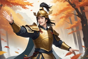 masterpiece, beautiful and aesthetic, ultra detail, intricate, solo, 1male, 25 years old, detailed character design, manly, (joy expression), smile, bushy eyebrows, wide eyes, wide jaw, black hair, tall and lean, (ancient Chinese armor, helmet, golden), (side view:1.5), (waving), dynamic pose, forests, mists, autumn leaves fluttering around,