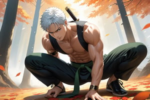 masterpiece, beautiful and aesthetic, ultra detail, intricate, 1male, solo, representation of the legendary martial artist, Roronoa Zoro features, detailed character design, (worry expression), (white hair), exquisite body, strong abdominal muscles, (golden armlet:1.2), (black half gloves), black martial arts belt, (black Hanfu, sleeveless), black lace-up ankle brace, (from below), (face down), (Squatting), dynamic pose, forests, mists, autumn leaves fluttering around