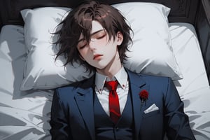 macabre style {prompt} . dark, gothic, grim, haunting, highly detailed, masterpiece, beautiful and aesthetic, ultra detail, intricate, 1male, solo, 23 years old, detailed character design, delicate face, blush, eyes half closed, (have a drowsy look), brown short hair, dark blue suit, white shirt, red tie, (top down view:1.5), dynamic pose, bold gestures, lying on bed, in the bedroom