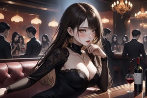 horror-themed {prompt} . eerie, unsettling, dark, spooky, suspenseful, grim, highly detailed, masterpiece, beautiful and aesthetic, ultra detail, intricate, 1female, solo, 20 years old, detailed character design, Asian beauty, pure, romantic mood, feminine soft face, golden eyes, evil expression, (blush:1.5), jewelry earrings, (flowing long hair, brown), detail skin, pore, big breasts, curvaceous, slender waist, (A sleek black turtleneck dress), jewelry necklace, (side view), dynamic pose, drinking, wines on the table, sitting in the couch, indoors, night club, people dancing around