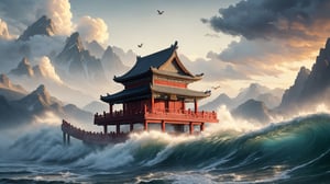 water, foaming, wave, smoke, Chinese dragon, mountains, Chinese temple, clouds, birds, at Twilight, tilt shift, Cleancore, HDR, Mustafa Abdulhadi, involved in a project, DonM3l3m3nt4l, 