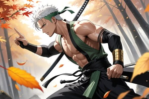 masterpiece, beautiful and aesthetic, ultra detail, intricate, 1male, solo, representation of the legendary martial artist, Roronoa Zoro features, detailed character design, (deny expression), (white hair), exquisite body, strong abdominal muscles, (golden armlet:1.2), (black half gloves), black martial arts belt, (black Hanfu, sleeveless), black lace-up ankle brace, dynamic pose, (fingers point to the viewer), forests, mists, autumn leaves fluttering around