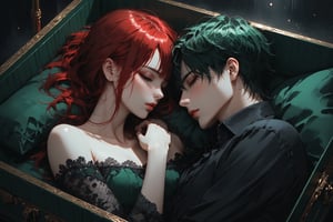 Dark Moody Atmosphere, {prompt}, dramatic, mysterious, dark moody atmosphere, masterpiece, beautiful and aesthetic, ultra detail, intricate, a couple cuddling, red hair, lying in the deep green case