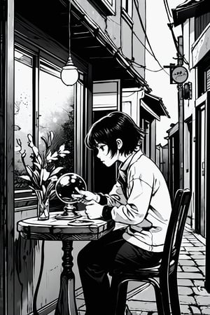 boichi manga style, monochrome, greyscale, in a corner of an alley, under dim street lights, a female astrologer set up a small stall, short hair. There was a crystal ball on the table that could predict the future. She sat behind the stall, waiting guest, ((masterpiece))