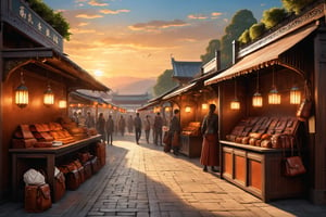 masterpiece, beautiful and aesthetic, ultra detail, intricate, detailed character design, (((describe the scene of a stall, leather bags, leather purses))), sunset