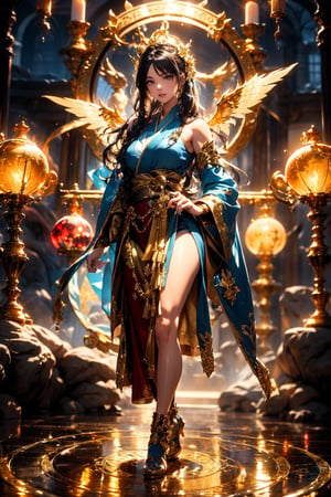 photographic, cinematic, super high detailed, super realistic image, 8k, HDR, super high quality image, master realistic image, perfect, detailed face, solo, goddess, (smile), long hair, hanfu, long robe, crown, light of wings, (side view, full body shot), magic circle. The worlds greatest horde of treasure ever collected, epic proportions, (colorful), dreamlike, gold, jewelry, treasure, riches, pules of gold, gems, riches, treasure vault, biggest treasure in the world,