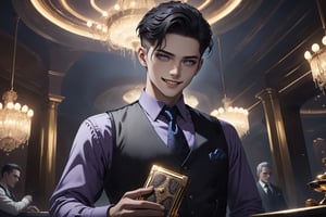 horror-themed {prompt} . eerie, unsettling, dark, spooky, suspenseful, grim, highly detailed, masterpiece, beautiful and aesthetic, ultra detail, intricate, 1male, solo, 23 years old, detailed character design, delicate face, a look of confidence, grin, light blue eyes, (dark hair, Classic Undercut), silver waistcoat, purple shirt, deep blue tie, (upper body, from below:1.5), dynamic pose, (holding a golden cigarette case), card table, in the Casino. 