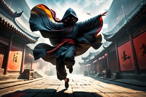 DonM5h4d0w5XL, masterpiece, extreme quality, ultra detailed, intricate, UHD, HDR, Chinese martial arts animation style, dramatic with an air of mystery and intrigue, a dark hooded cloak shadow, dynamic pose, vibrant, action-packed, (jump up, fly in the air:1.5), (roof:1.2), outdoors, ancient China street, mysterious colorful background, 