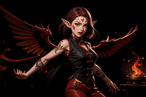 Chinese mythology, solo, 1female, monster_girl, short hair, dark red hair, (facial marks), fierce face, evil face, fangs, sexy lips, (pointed ears), (dark skin), strong body, (phoenix tattoo), (a single wing behind:1.2), (sandalwood, incense:1.2), dark red vest, long pants, smog background, Chinese martial arts animation style