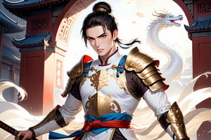 masterpiece, beautiful and aesthetic, ultra detail, intricate, (solo, 1male:1.5), 25 years old, detailed character design, Chinese mythology story, a heavenly guardian, serene expression, manly, bushy eyebrows, big eyes, (wide jaw:1.5), (black hair, a single hair bun), tall and lean, (Han Chinese clothing, armor, brown), upper body, dynamic pose, standing, holding a book, creating a picturesque view of a heavenly palace, bathed in soft, ethereal light.