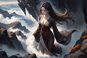 Dark Moody Atmosphere, {prompt}, dramatic, mysterious, dark moody atmosphere, masterpiece, beautiful and aesthetic, ultra detail, intricate, 1female, solo, 20 years old, detailed character design, Asian beauty, pure, feminine soft face, (sorrow expression), (flowing long hair, brown), detail skin, pore, curvaceous, slender waist, big breasts, white long robe, (full body, from above:1.5), (falling off a cliff:1.5), mists, clouds