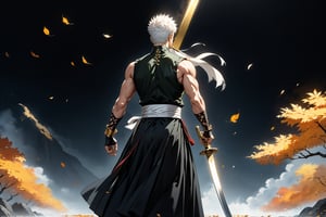 masterpiece, beautiful and aesthetic, ultra detail, intricate, 1male, solo, representation of the legendary martial artist, Roronoa Zoro features, detailed character design, serious expression, (white hair), exquisite body, strong abdominal muscles, (golden armlet:1.2), (black half gloves), black martial arts belt, (black Hanfu, sleeveless), black lace-up ankle brace, (he wields a single golden broadsword, unique and finely detailed), (back view:1.5), dynamic pose, he stands tall and resolute, exuding an air of strength and unwavering determination. Chinese martial arts animation style, autumn leaves fluttering around, Inspired by Chinese mythology story