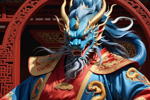 masterpiece, beautiful and aesthetic, ultra detail, intricate, [1man:Chinese dragon head:0.5], 55 years old, detailed character design, domineering, (messy blue hair, red mane), (fatty:1.5), golden dragon robe, upper body, dynamic pose, Inspired by Chinese mythology story, dragon palace