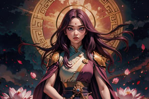 In Chinese mythology, solo, 1girl, beauty, detailed face, delicate features, serene expression, divine, big eyes, pink lips, long curly hair, purple hair, tall and thin, ethereal glow, celestial aura, warrior, armor, long robe, (as a statue of buddha gautama, varasana, lotus, padmasana), ancient China style, boichi manga style