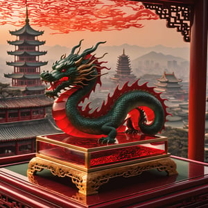 A majestic Red Jade Dragon rises from a velvet-lined jewel case, its scales glinting under soft, golden lighting. In the background, a blurred cityscape of ancient China's misty mountains and pagoda-topped rooftops. A delicate, ornate frame surrounds the dragon, adorned with intricate carvings of Chinese symbols. The atmosphere is one of mystique and otherworldly power.
