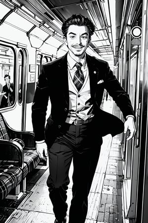 boichi manga style, monochrome, greyscale, solo, a young man, he is Walt Disney, the founder of Disneyland, slicked hairstyle, mustache, traditional plaid suit, (he is geting off from the train), smile, happy, (dynamic), full body shot, a country train station background, ((masterpiece)) 