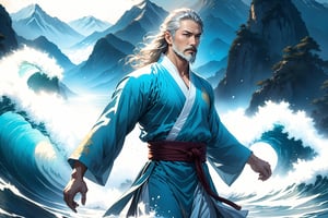 masterpiece, beautiful and aesthetic, ultra detail, intricate, Chinese martial arts animation style, divine, manly, legendary, 1male, solo, (40 years old:1.5), detailed character design, a look of determination, two beards, long grey hair, tall and thin, aqua Taoist robe, upper body, dynamic pose, walking on water, creating a picturesque view of a heavenly palace, wave, bathed in soft and ethereal light.