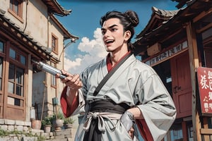 Masterpiece, best quality, detailed character design, UHD, (solo, 1male:1.5), 25 years old, a traditional Chinese physician, serene expression, manly, (wide jaw), (black hair, single bun:1.3), happy, laughing, tall and lean, accurate body and hand anatomy, (hanfu, grey), elegant, head bowing down, selling medicine, dynamic pose, ancient street in the background, outdoors, ancient China style, boichi manga style