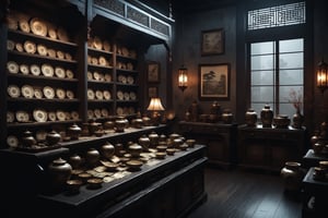 Dark Moody Atmosphere, {prompt}, dramatic, mysterious, dark moody atmosphere, masterpiece, beautiful and aesthetic, ultra detail, intricate, cash on the couter, in the Asian antique shop, indoors