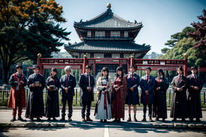 A group of officials in ancient China, Hanfu, official costumes, gathered in the large square outside the gate of the Imperial Palace of China