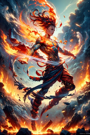 photographic, cinematic, super high detailed, super realistic image, 8k, HDR, super high quality image, master realistic image, perfect, detailed face, solo, (1boy), messy hair, orange hair, fury eyes, wore a red colored robe with glowing totemic embroidery, tribal tattoos, flame pentagram necklace, refined muscular body, tall, vibrant, detailed character design, reminiscent of fighting video games, full body shot, capturing the essence of ancient and immortality, dynamic, tiny maritime floating DonM3l3m3nt4l, smoke,