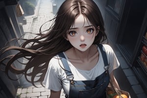 Dark Moody Atmosphere, {prompt}, dramatic, mysterious, dark moody atmosphere, masterpiece, beautiful and aesthetic, ultra detail, intricate, 1female, solo, 20 years old, detailed character design, Asian beauty, pure, feminine soft face, (frightened expression), (a look of longing and sorrow in its ghostly eyes:1.5), open mouth, (flowing long hair, brown), detail skin, pore, curvaceous, slender waist, big breasts, denim dungarees, white t-shirt, (from above:1.3), (carry grocery bag:1.2), in the empty street