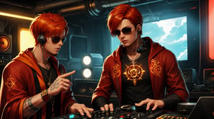 Solo, (1boy:1.5), exquisite details and texture, detailed face, anatomy correct, best quality, ultra detailed, photorealistic, (short hair, orange hair), sunglasses, headset, wore a red colored robe, cool, flame tattoos, flame pentagram necklace, he was a radio DJ, playing music in a tiny radio studio, Cyberpunk style