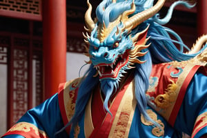 masterpiece, beautiful and aesthetic, ultra detail, intricate, [1man:Chinese dragon head], 55 years old, detailed character design, domineering, (messy blue hair, red mane), (fatty:1.5), golden dragon robe, upper body, dynamic pose, Inspired by Chinese mythology story, dragon palace