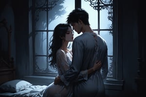 Dark Moody Atmosphere, {prompt}, dramatic, mysterious, dark moody atmosphere, masterpiece, beautiful and aesthetic, ultra detail, intricate, describes a window scene, the shadow of couple cuddling, nightgown, backlit, outdoors, midnight