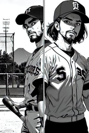 solo, 1boy, Japanese, short hair, shirt, hat, upper body, male focus, facial hair, baseball cap, beard, sportswear, realistic, baseball bat, baseball uniform, baseball mitt, Manga, FAP_ARTSTYLE_SanagiTorajirou_ownwaifu, boichi manga style, High detailed ,Color magic, Manga Landscape , comic, (manga panel:1.1) ,Grayscale