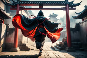 DonM5h4d0w5XL, masterpiece, extreme quality, ultra detailed, intricate, UHD, HDR, Chinese martial arts animation style, dramatic with an air of mystery and intrigue, shadow on a ancient China wall, a hooded cloak, (jump up, in the air), dynamic pose, vibrant, action-packed, from side, outdoors, ancient China street, mysterious colorful background, 