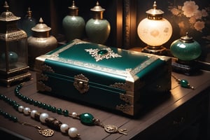 Dark Moody Atmosphere, {prompt}, dramatic, mysterious, dark moody atmosphere, masterpiece, beautiful and aesthetic, ultra detail, intricate, (a delicate jewelry case, deep green), on antique table, in the Asian second-hand goods shop, indoors